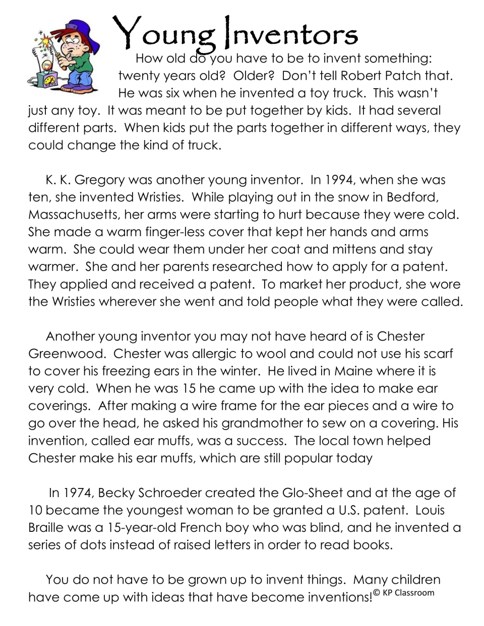 Young Inventors passage profiling Robert Patch, K. K. Gregory, Chester Greenwood, Becky Schroeder and Louis Braille