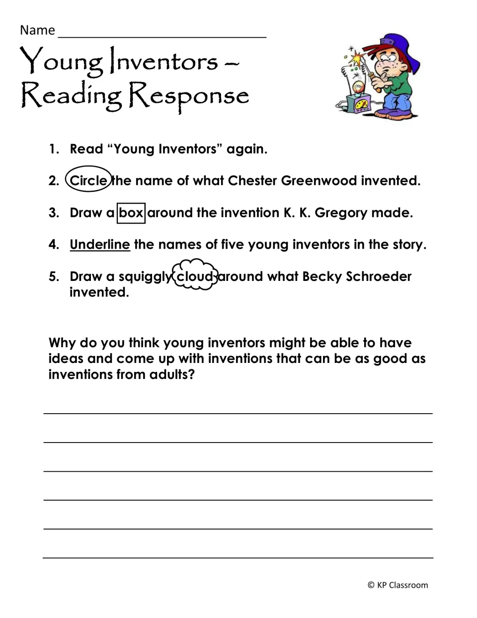 Young Inventors response: students mark inventions and five inventor names in the text, then explain kids' ideas