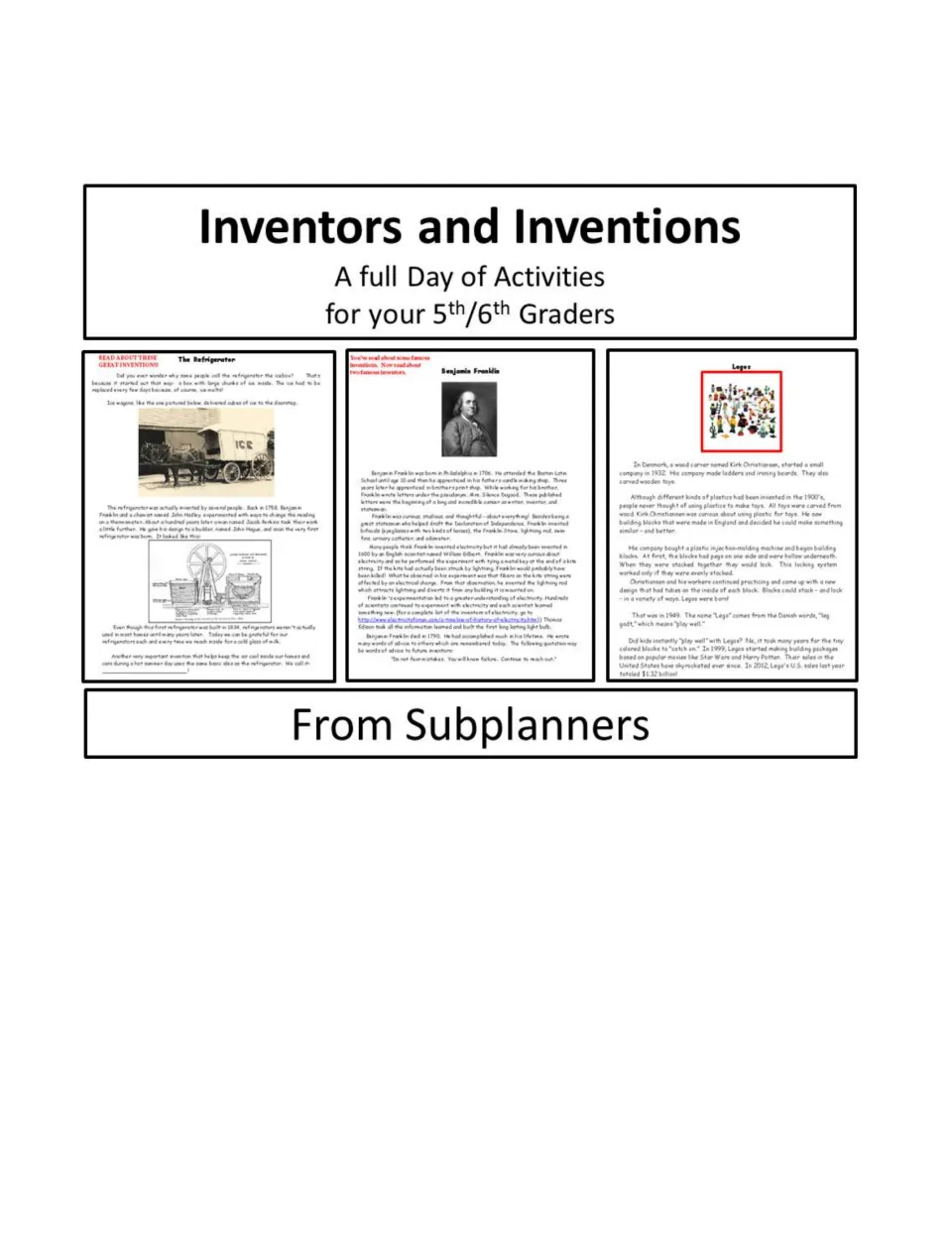 Inventors and Inventions cover identifies a full day of activities for fifth and sixth graders from Subplanners