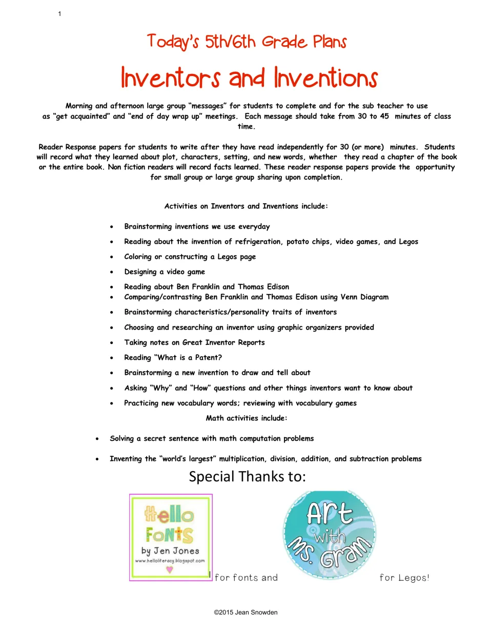 Substitute plan overview lists group messages, reader responses, invention readings, design tasks, and math