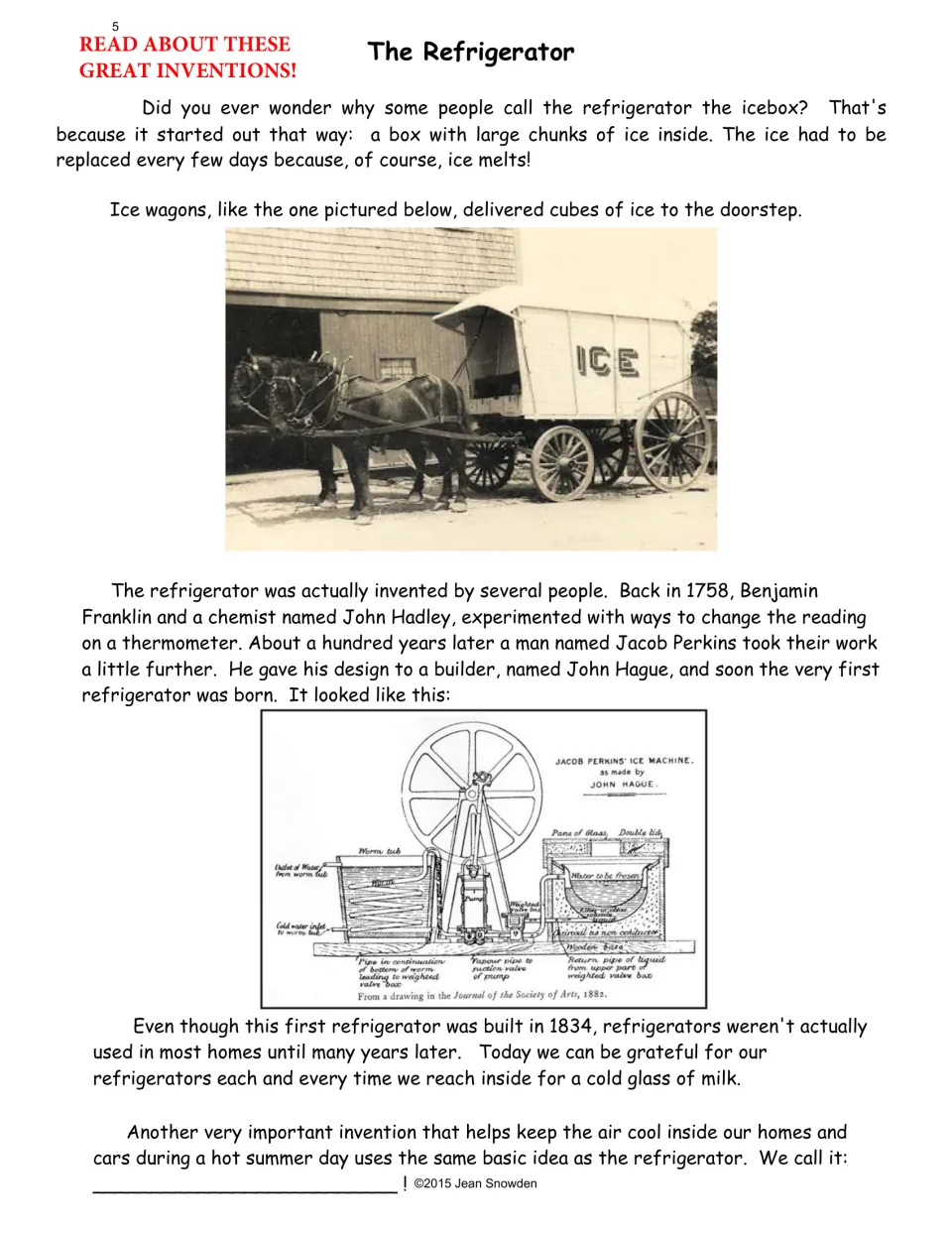 Refrigerator reading traces iceboxes and early cooling machines, then asks students to name a related invention