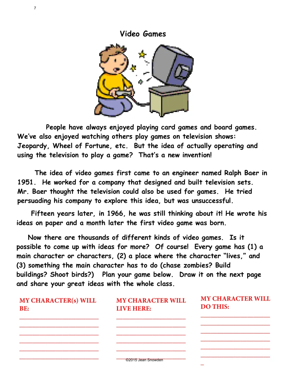 Video game reading introduces Ralph Baer and asks students to plan a game's characters, setting, and actions