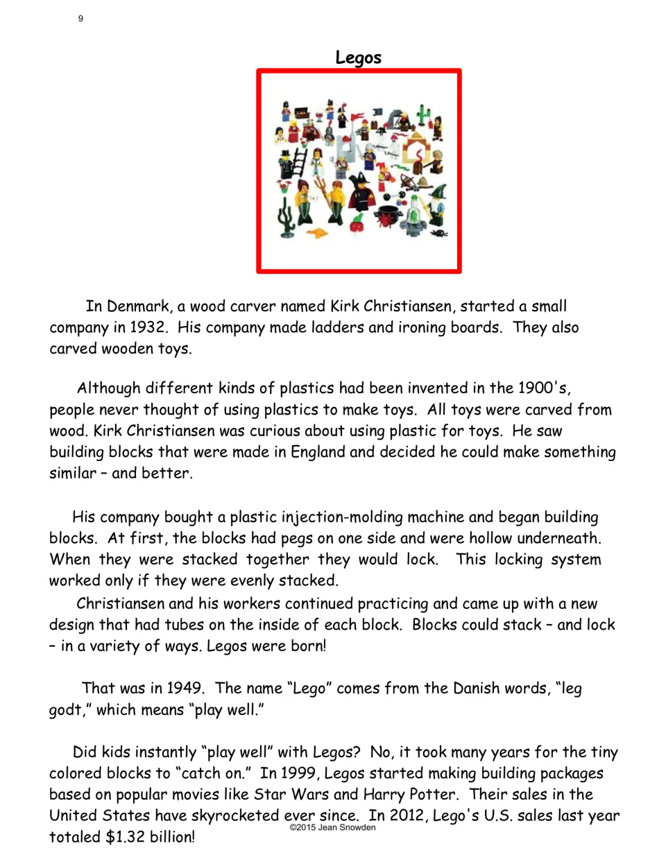 LEGO reading describes Kirk Christiansen's toy company, plastic building blocks, and changes to their design