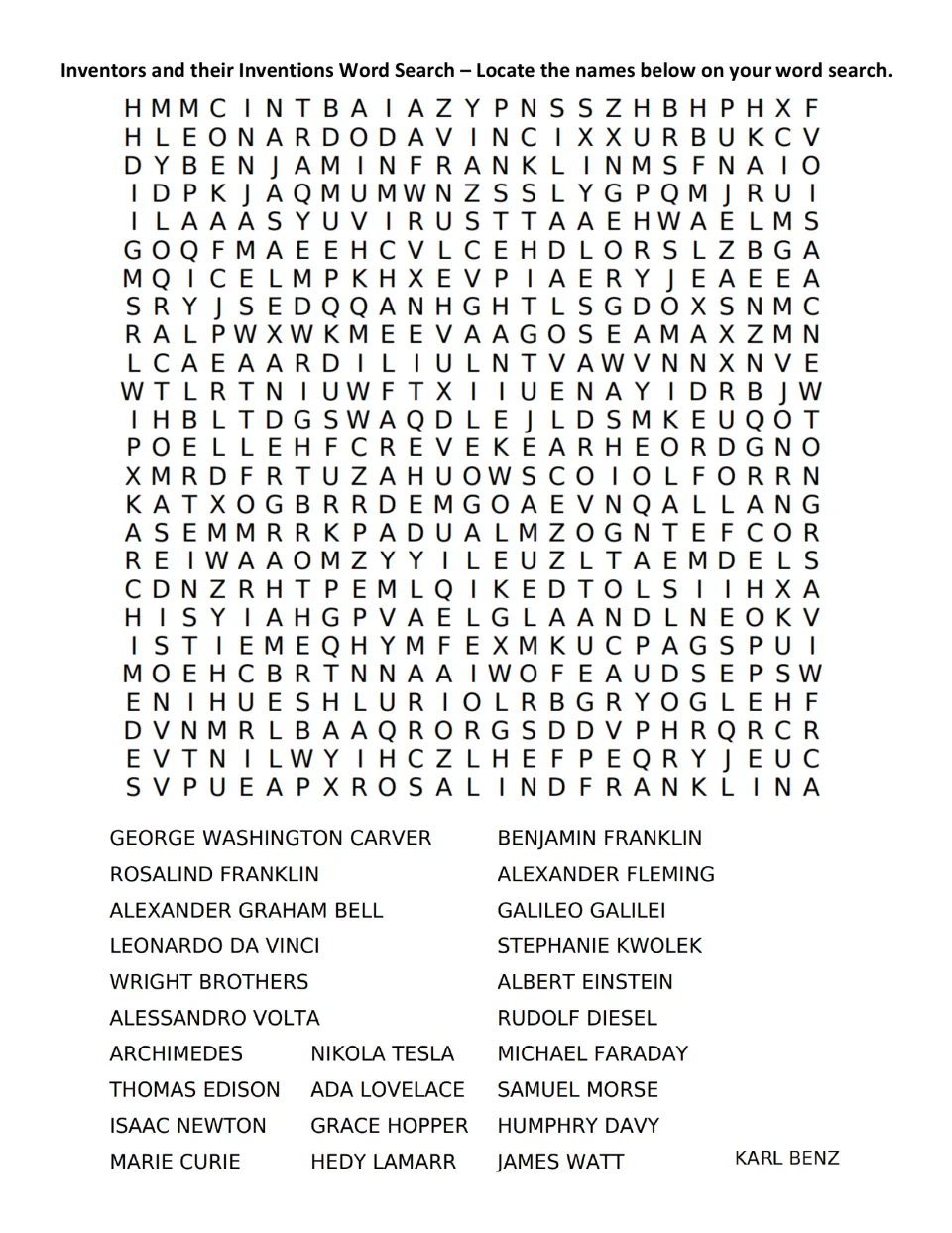 Word search for 25 inventors and scientists, including Leonardo da Vinci, Marie Curie, and Nikola Tesla