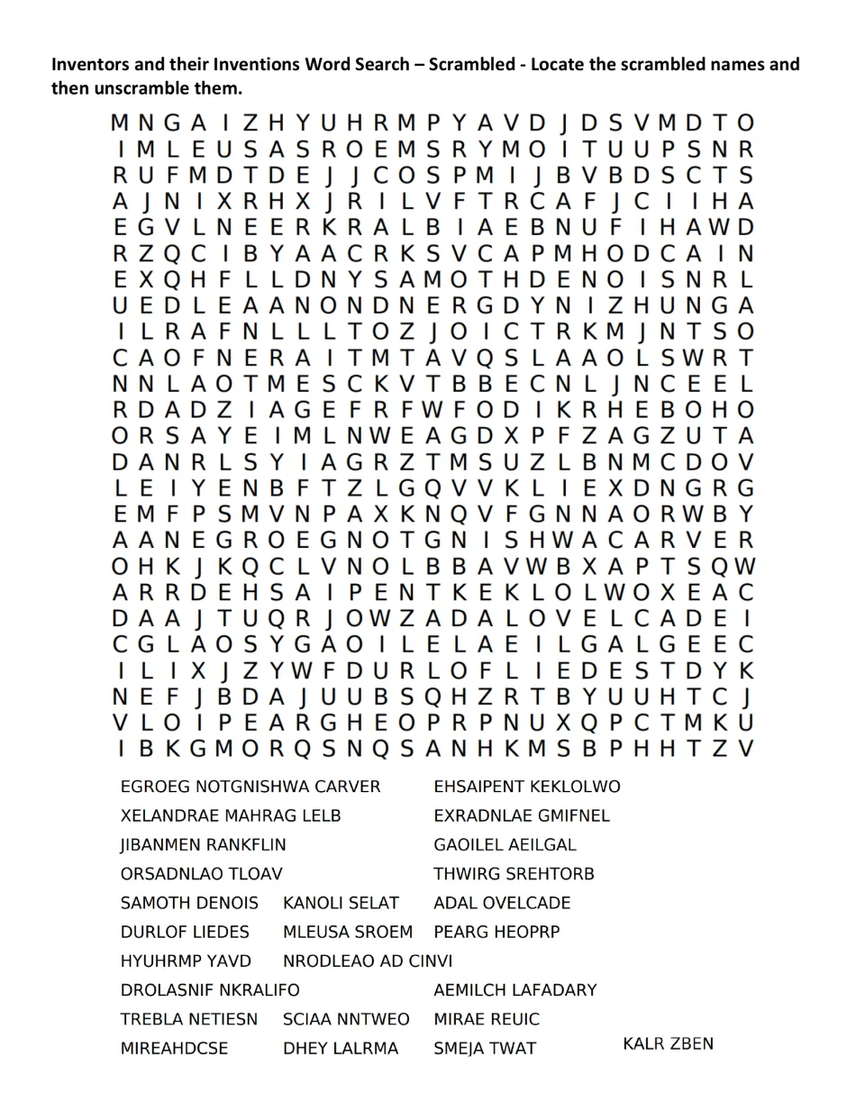 Scrambled-name word search: find and unscramble 25 names, including SAMOTH DENOIS and KALR ZBEN