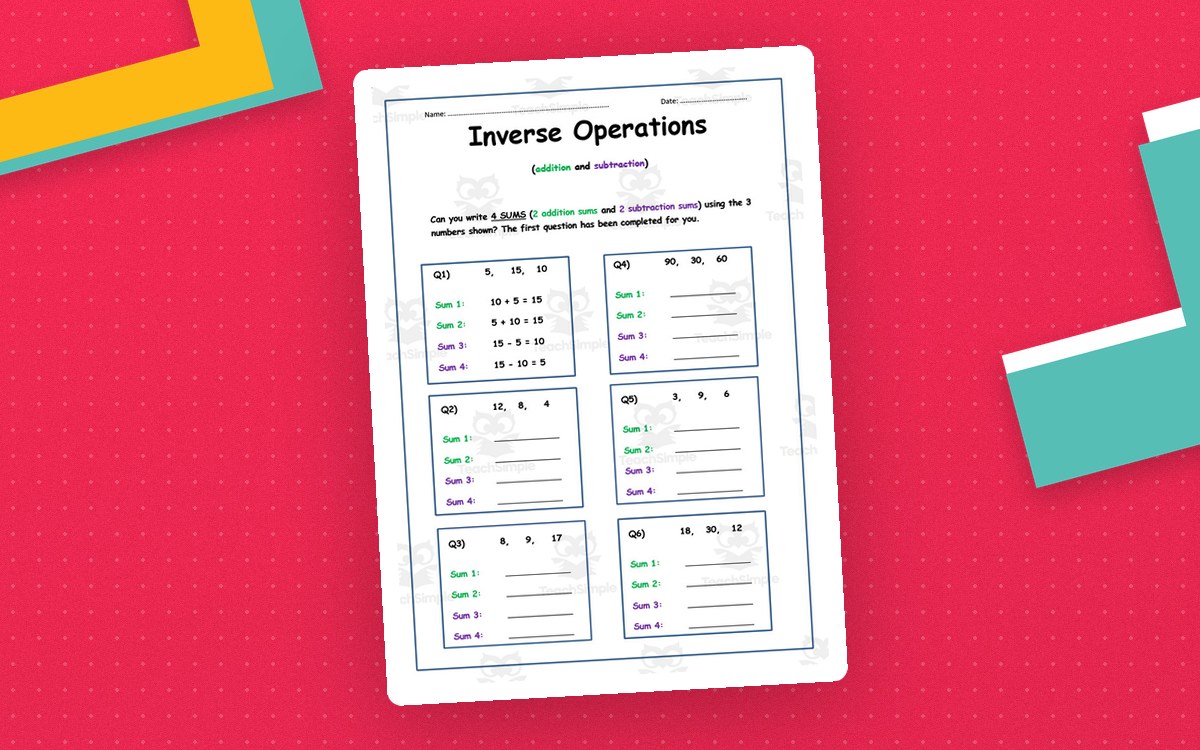 Inverse Operations Addition and Subtraction Worksheet teaching resource preview