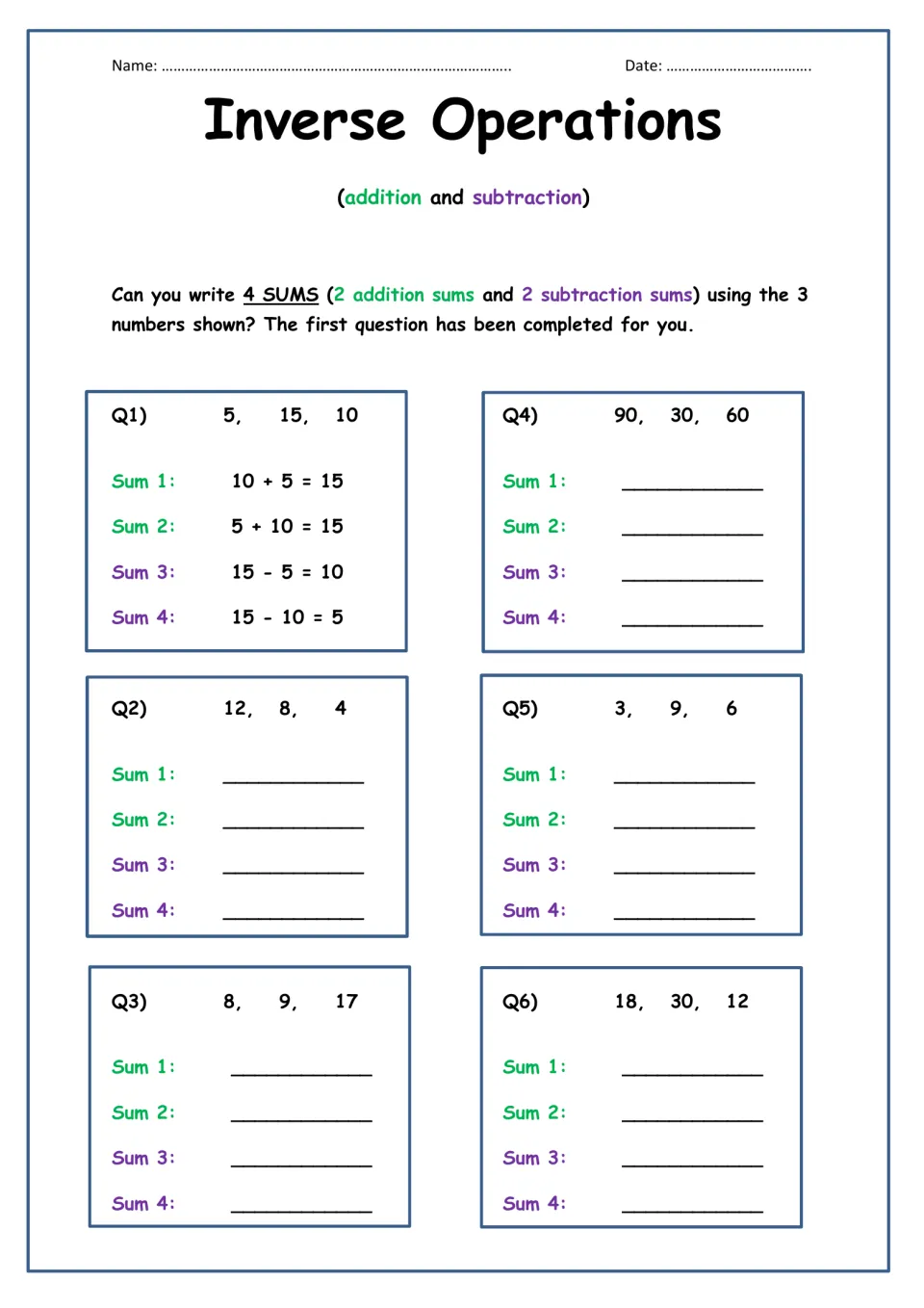 Inverse operations: students write 2 addition and 2 subtraction sums from each of six 3-number sets; Q1 is worked