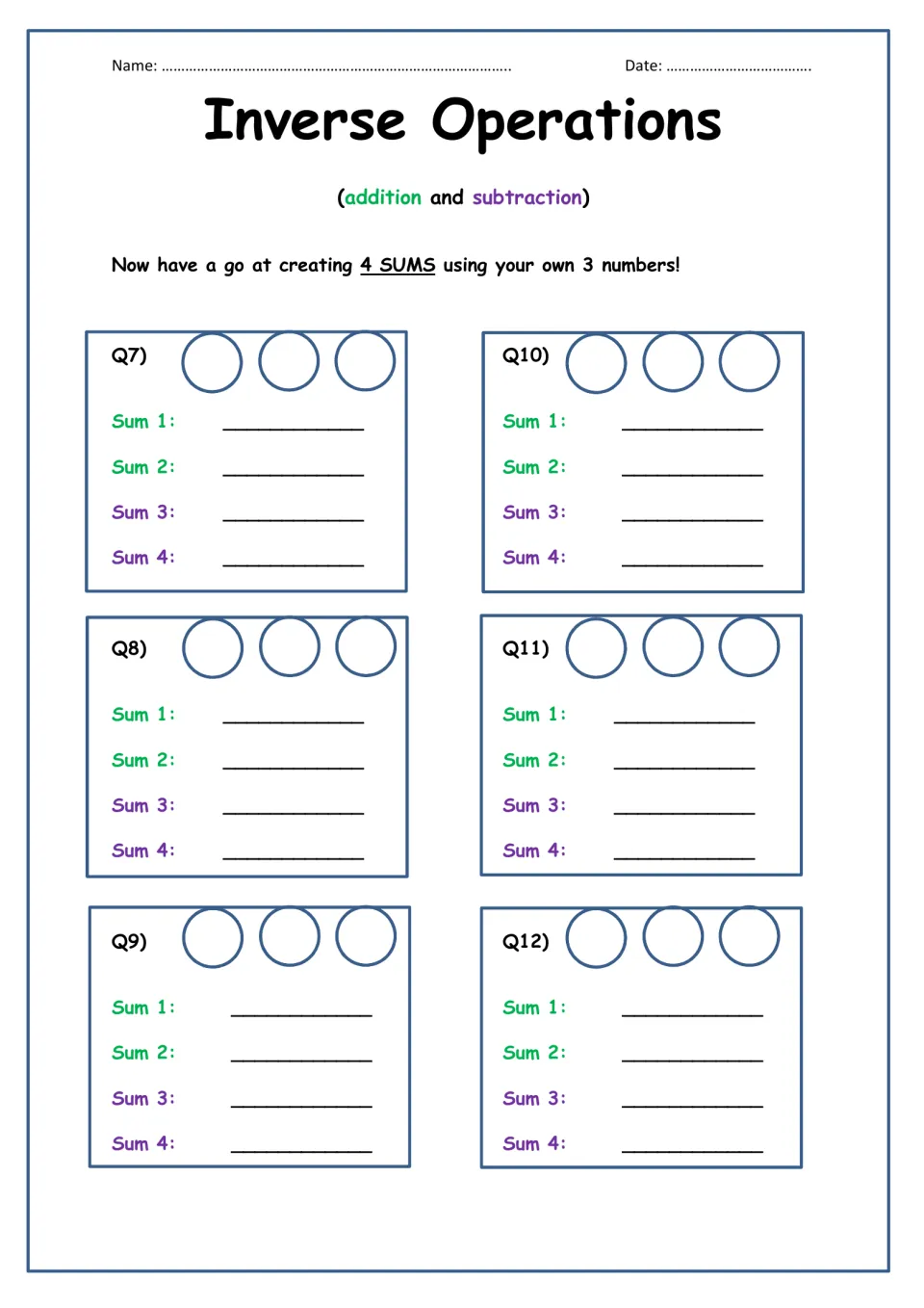Inverse operations, own numbers: students choose 3 numbers for Q7 to Q12 and write 2 addition and 2 subtraction sums each