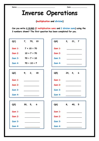 Inverse Operations Worksheet – Multiplication & Division – cover