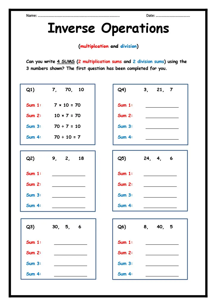 Inverse Operations Worksheet – Multiplication & Division – cover
