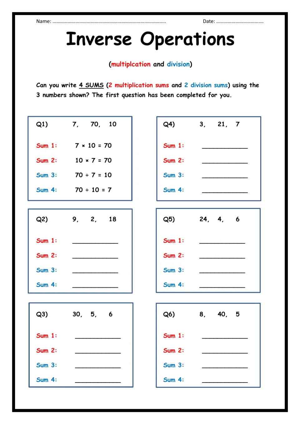 Inverse operations: students write 2 multiplication and 2 division sums for each set of 3 numbers, Q1 worked example