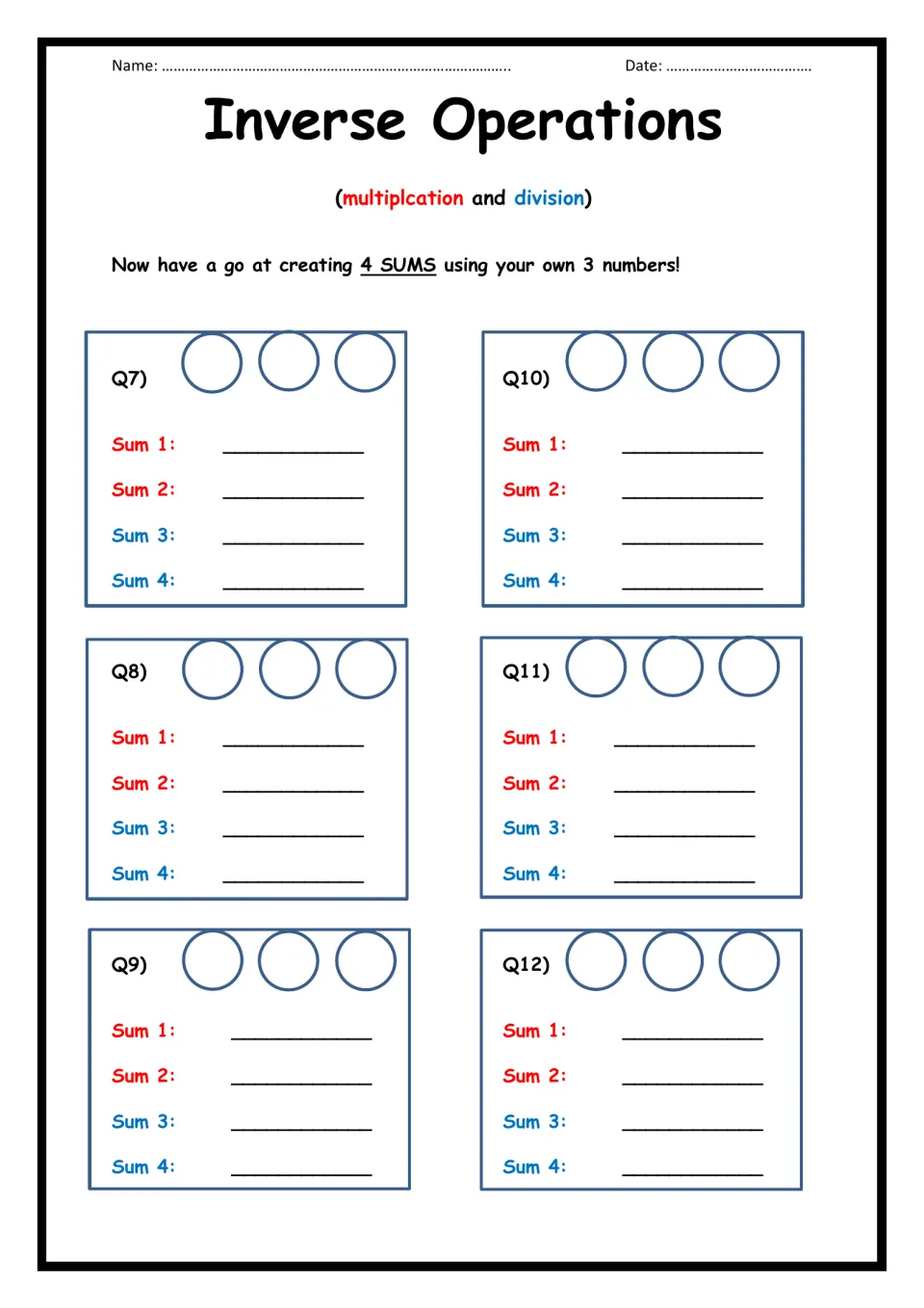 Inverse operations: students choose their own 3 numbers and write 2 multiplication and 2 division sums for Q7 to Q12
