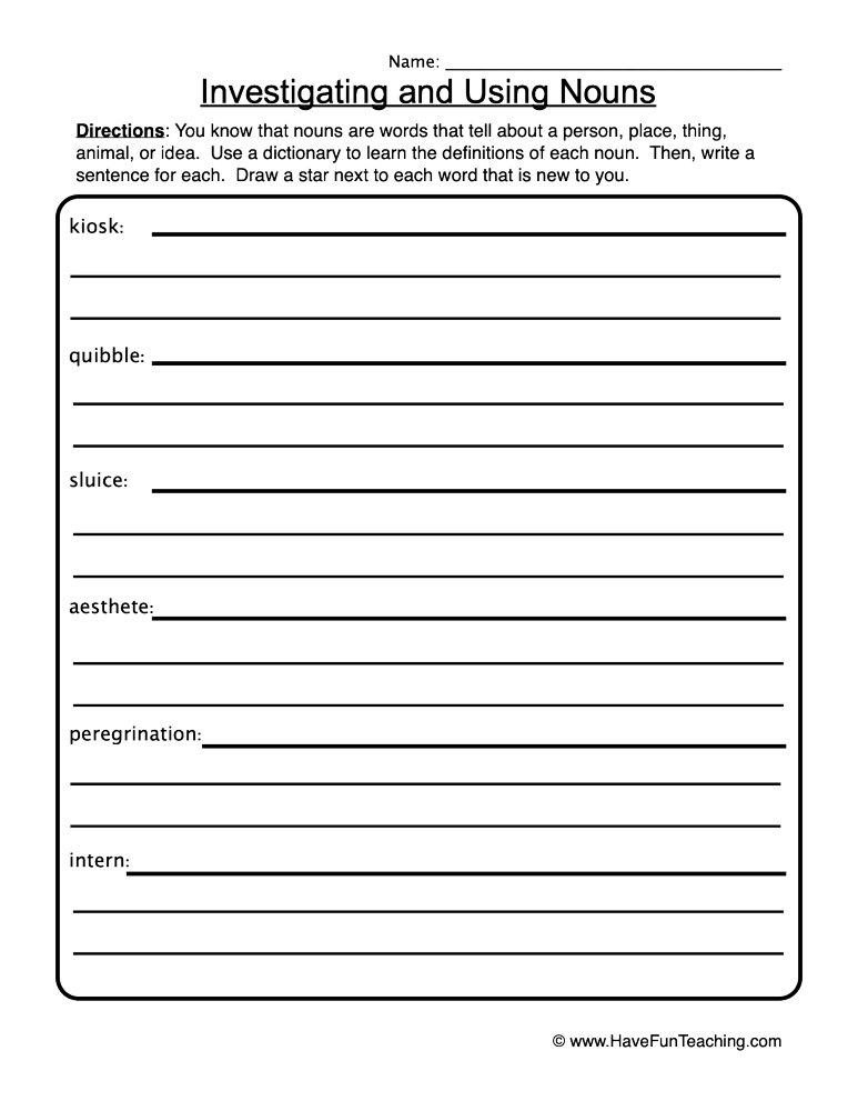 Investigating and Using Nouns Worksheet teaching resource preview