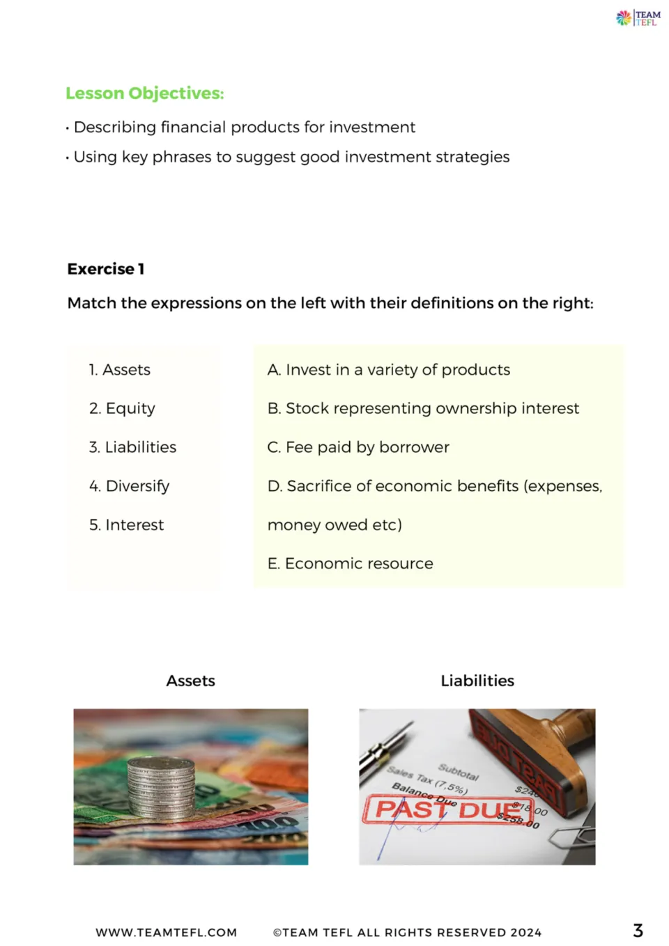 Lesson objectives and Exercise 1: students match assets, equity, liabilities, diversify and interest to their definitions