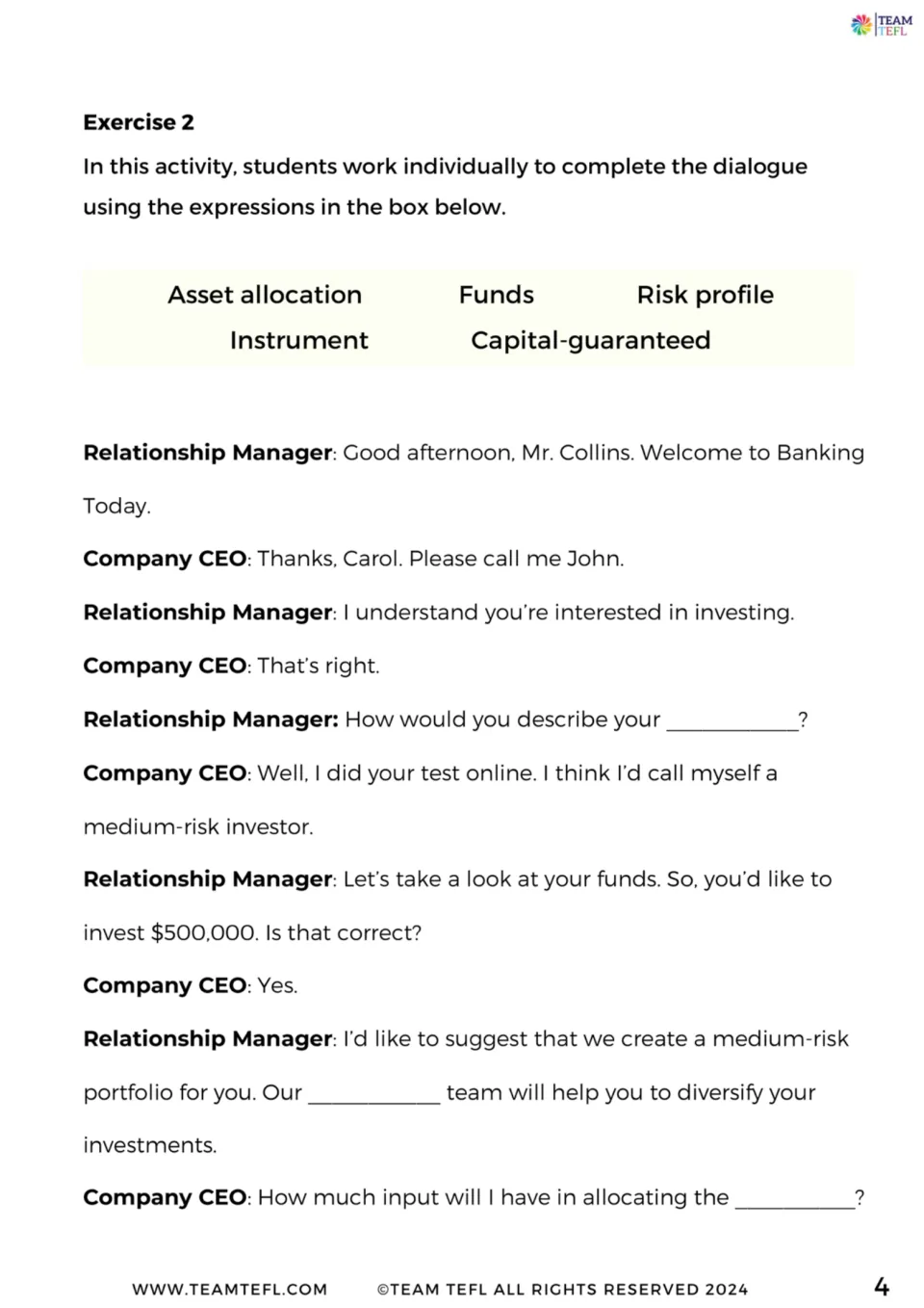 Exercise 2 dialogue gap-fill: students complete a banker and CEO talk using risk profile, funds and asset allocation