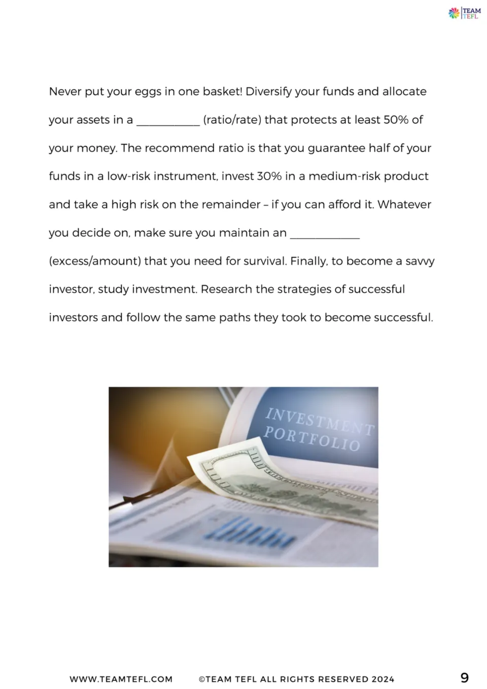 Investment tips text continued: students pick ratio/rate and excess/amount to fill gaps about diversifying funds