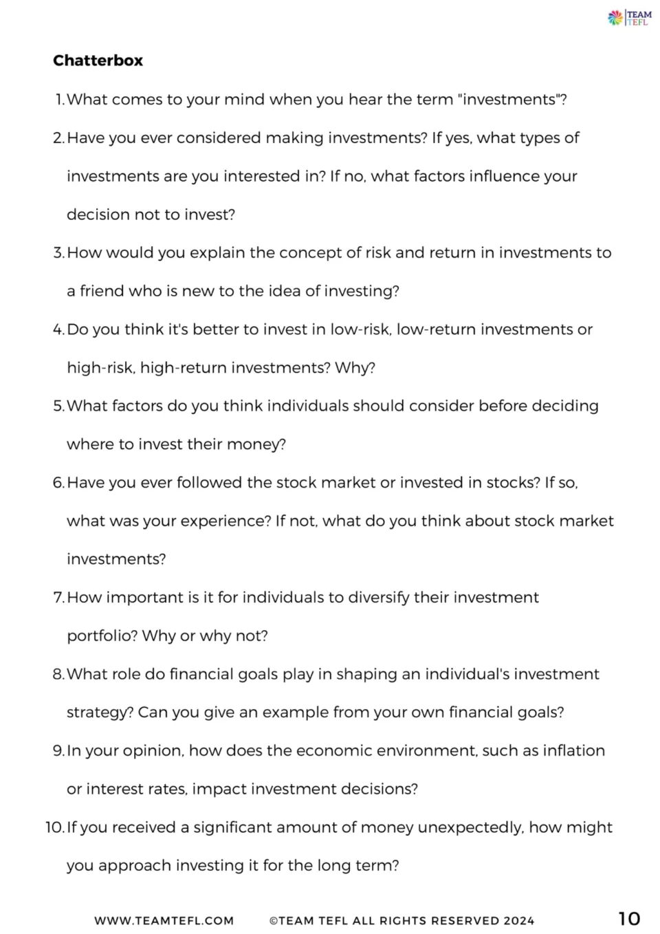 Chatterbox discussion: ten questions on risk and return, diversifying a portfolio, the stock market and financial goals