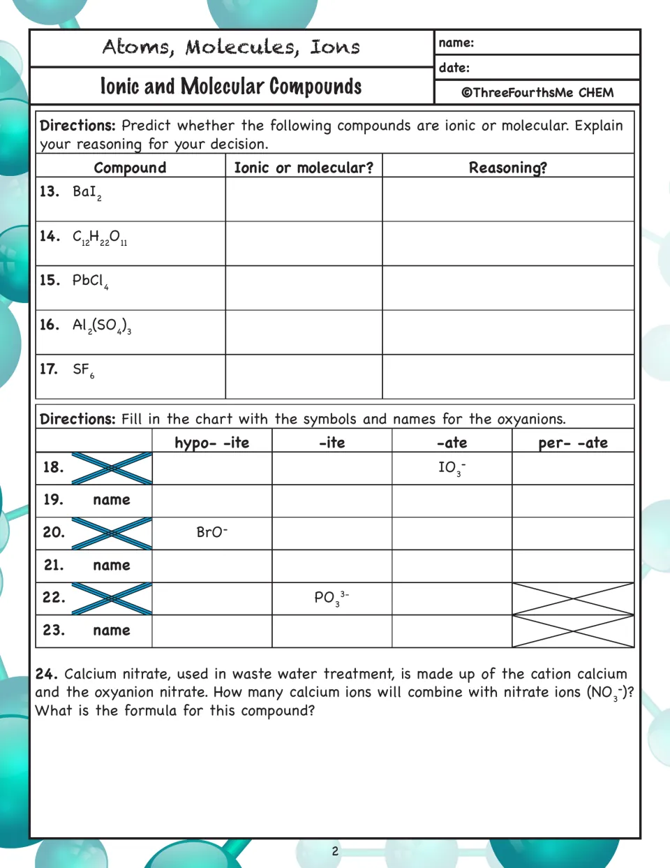Ionic or molecular compounds: students classify BaI2, SF6 and more with reasons, name oxyanions and write a formula