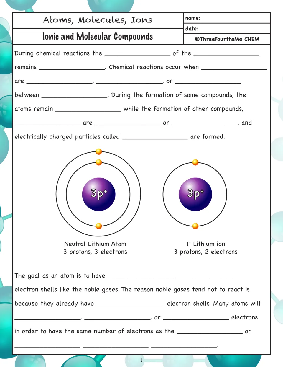 Ion formation: students fill in notes on atoms gaining or losing electrons like noble gases, with Li and Li+ models
