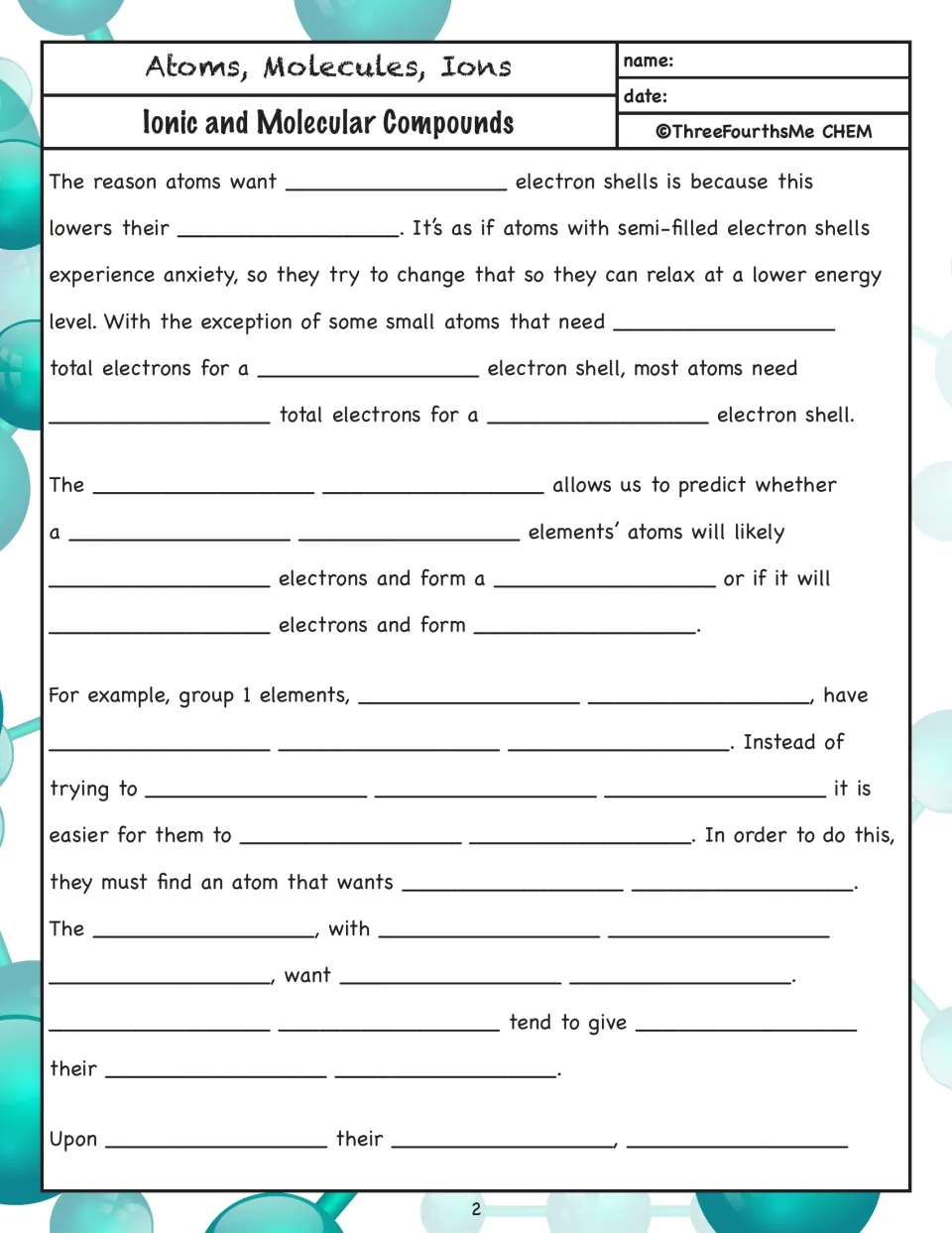 Full electron shells: fill-in notes on using the periodic table to predict which elements give or take electrons