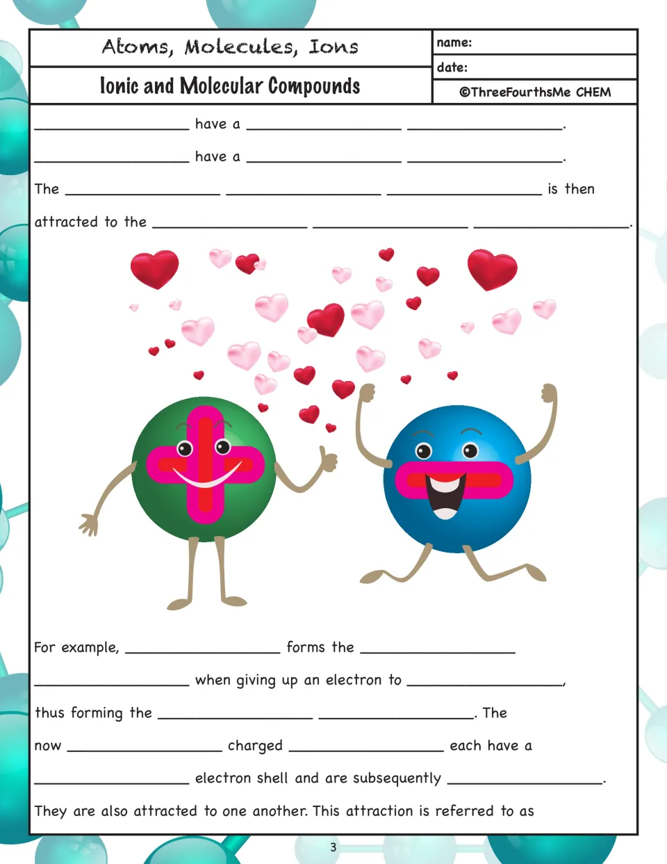 Cation and anion attraction: students complete notes on electron transfer, shown by two cartoon ions with hearts