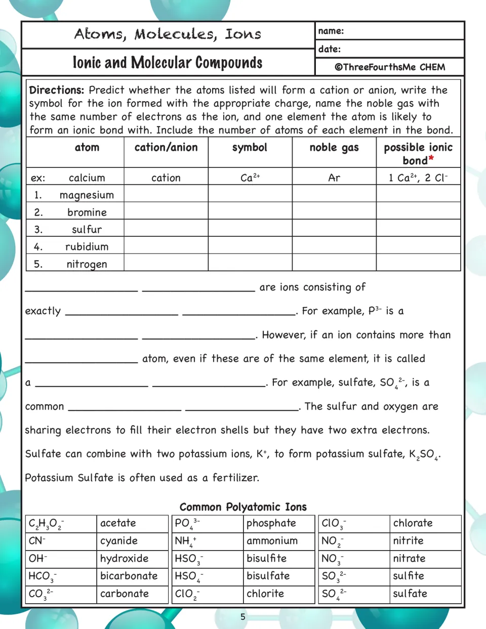 Predicting ions: students tell if Mg, Br, S, Rb and N form cations or anions and write symbols; polyatomic ion notes
