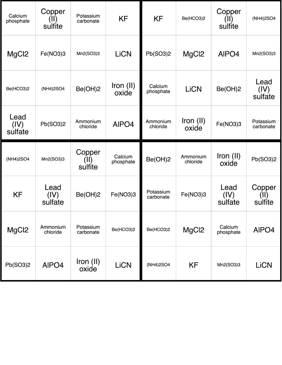 Ionic compound bingo cards, set of four mixing names and formulas; first card opens Calcium phosphate, Copper (II) sulfite