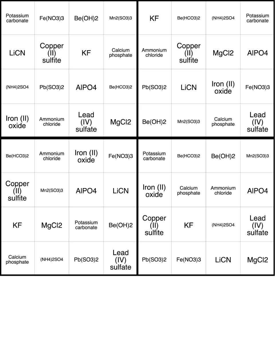 Four more naming and formula bingo cards; top card starts Potassium carbonate, Fe(NO3)3, Be(OH)2 and Mn2(SO3)3
