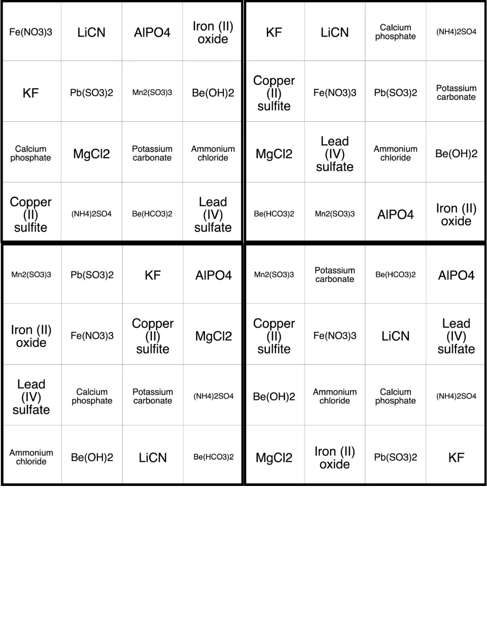 Bingo cards pairing compound names with formulas such as Fe(NO3)3, LiCN, AlPO4 and Iron (II) oxide on the first board