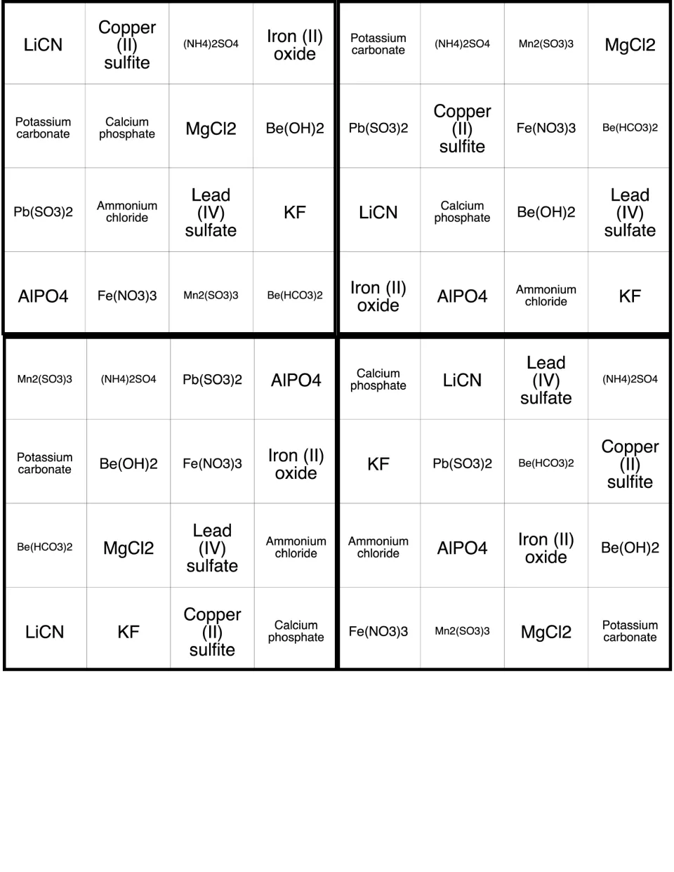 Chemical nomenclature bingo, four cards; the first lists LiCN, Copper (II) sulfite, (NH4)2SO4 and Iron (II) oxide on top