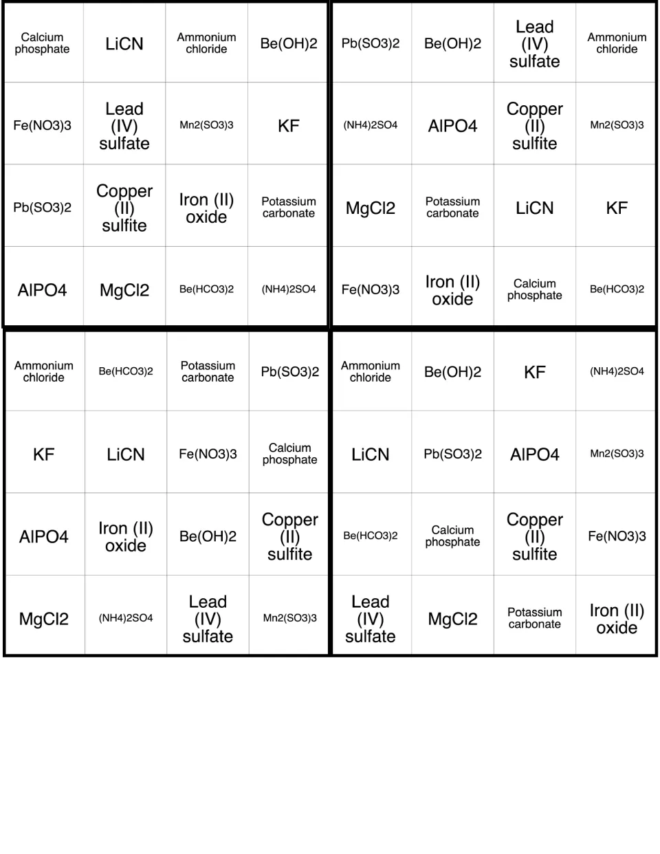 Naming compounds bingo set with the same 16 compounds shuffled; first card starts Calcium phosphate, LiCN, Ammonium chloride