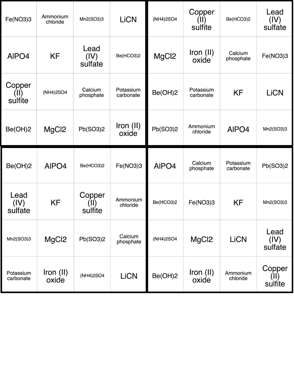 Last set of four compound bingo cards; first card begins Fe(NO3)3, Ammonium chloride, Mn2(SO3)3 and LiCN across the top