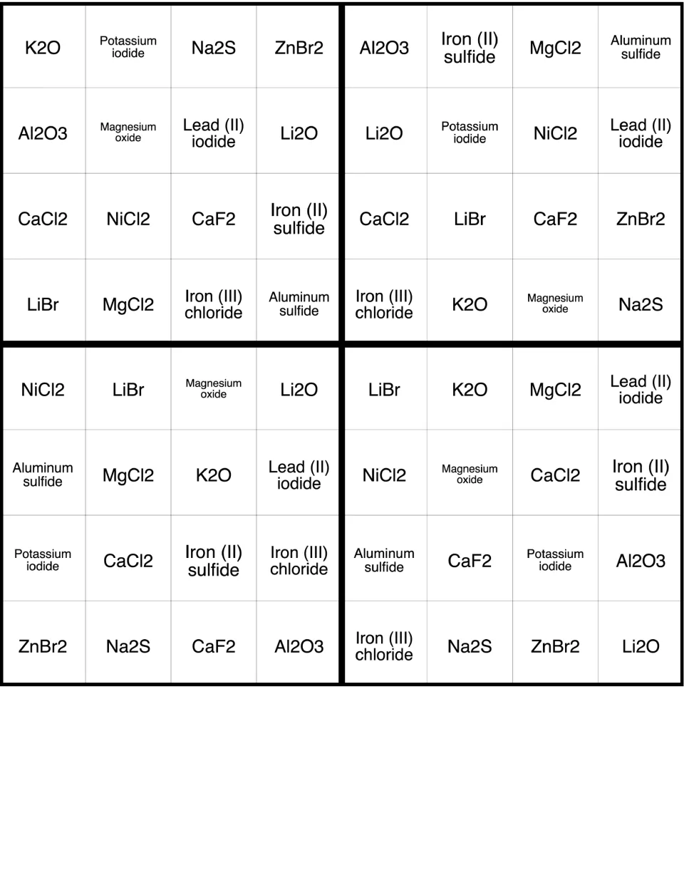Ionic compound bingo cards: four 16-square cards mixing formulas such as K2O and Na2S with names like potassium iodide