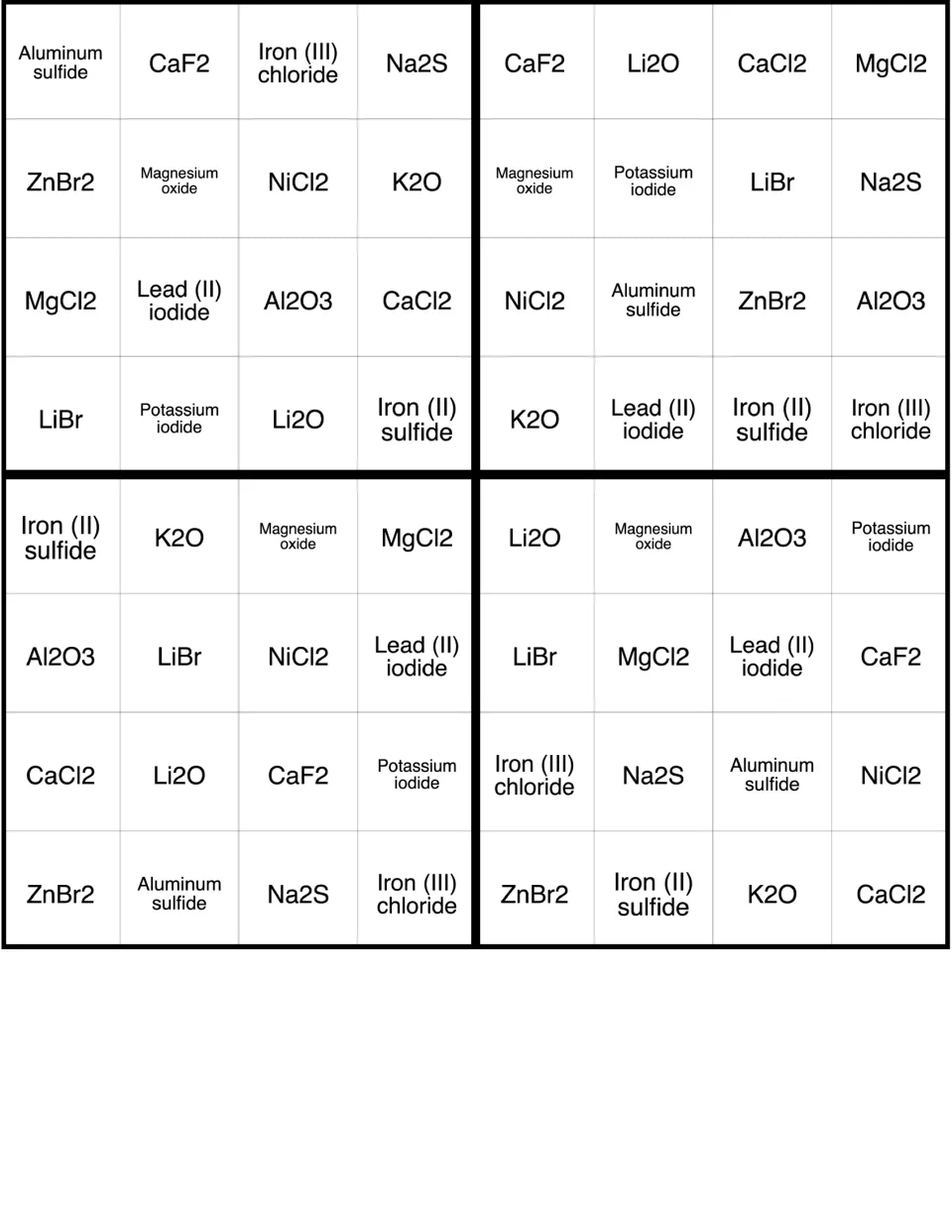 Compound bingo cards: students match a called name or formula to squares like CaF2, NiCl2, lead (II) iodide and Li2O