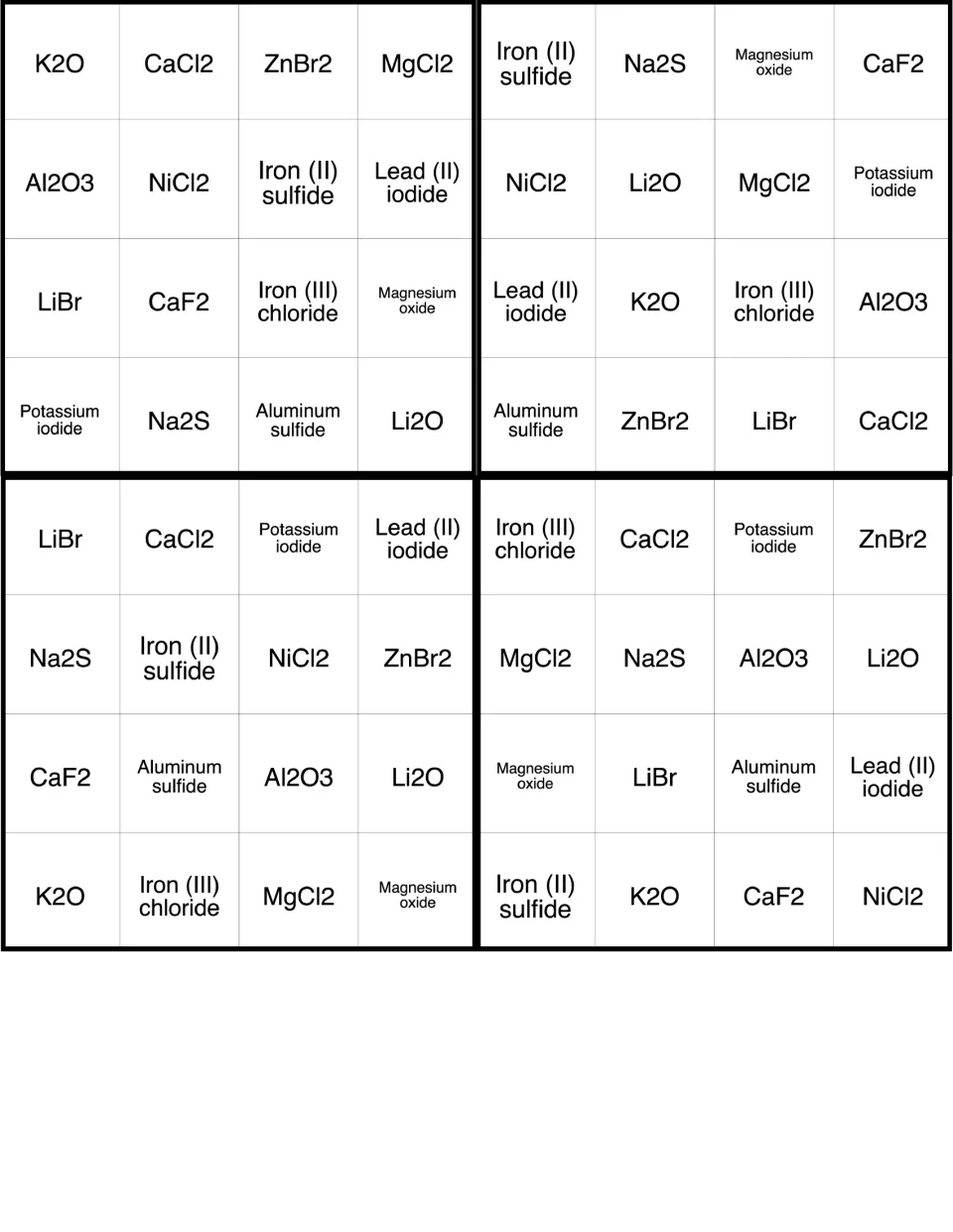 Ionic bingo set four: cards pairing transition-metal names like iron (III) chloride with formulas such as CaCl2 and ZnBr2