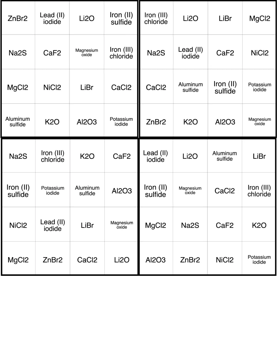 Four bingo cards where students cover squares such as ZnBr2, lead (II) iodide, Li2O and iron (II) sulfide when called