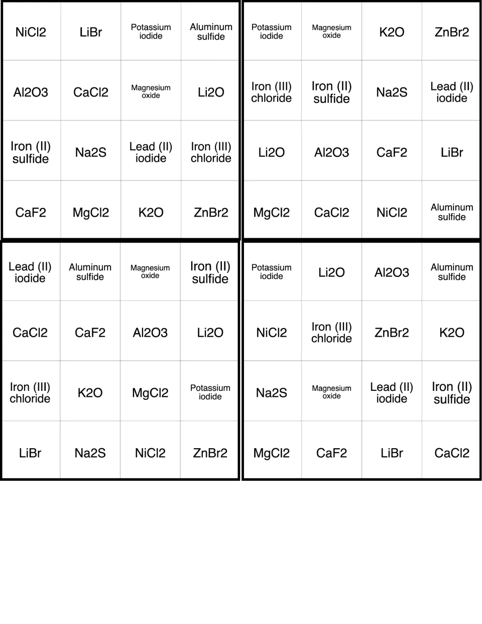Formula-writing bingo cards: squares include NiCl2, LiBr, magnesium oxide and aluminum sulfide to cover when called out
