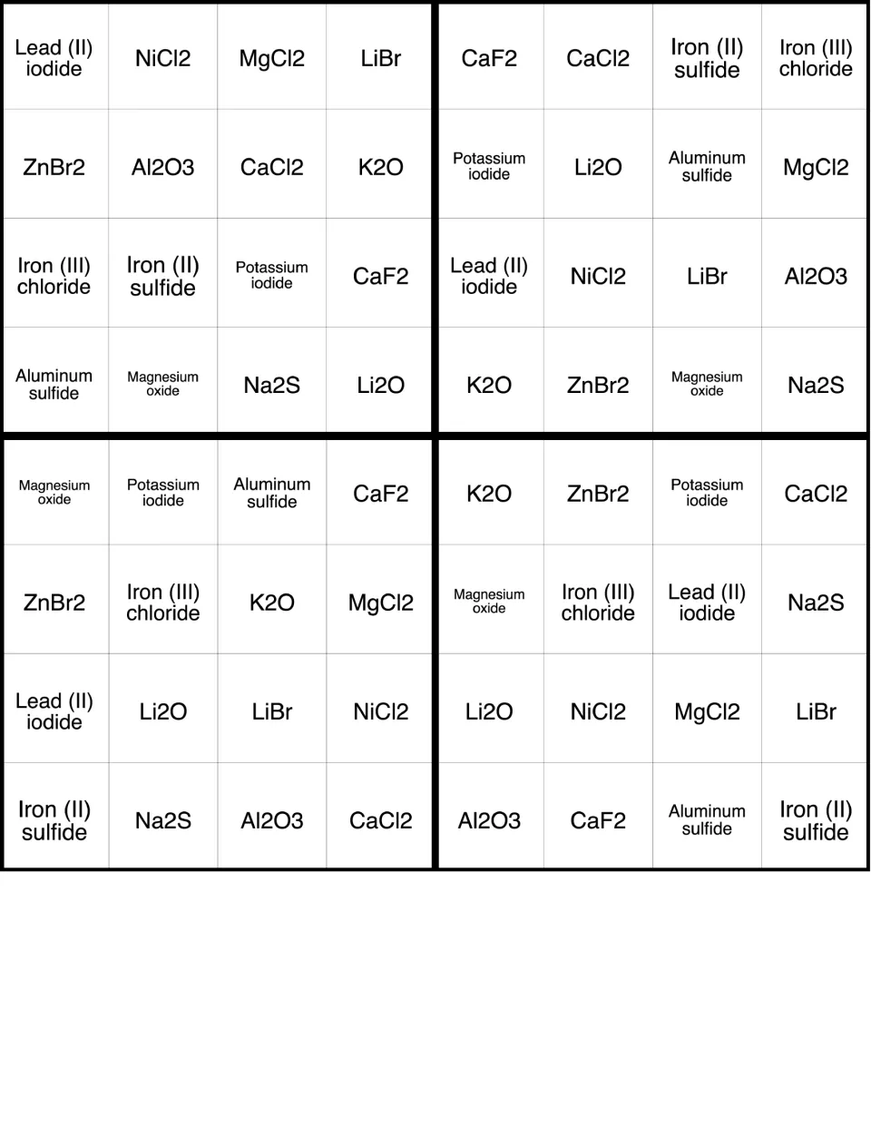 Bingo cards for converting between ionic names and formulas, led by lead (II) iodide, CaF2, magnesium oxide and K2O