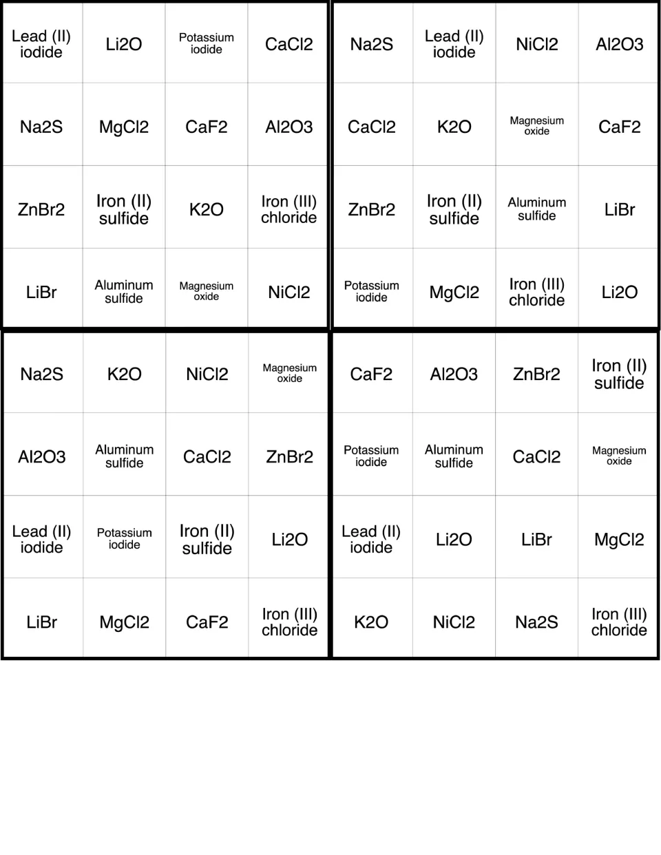 Final set of four compound bingo cards with Na2S, CaCl2, Al2O3 and iron (III) chloride among the squares to mark