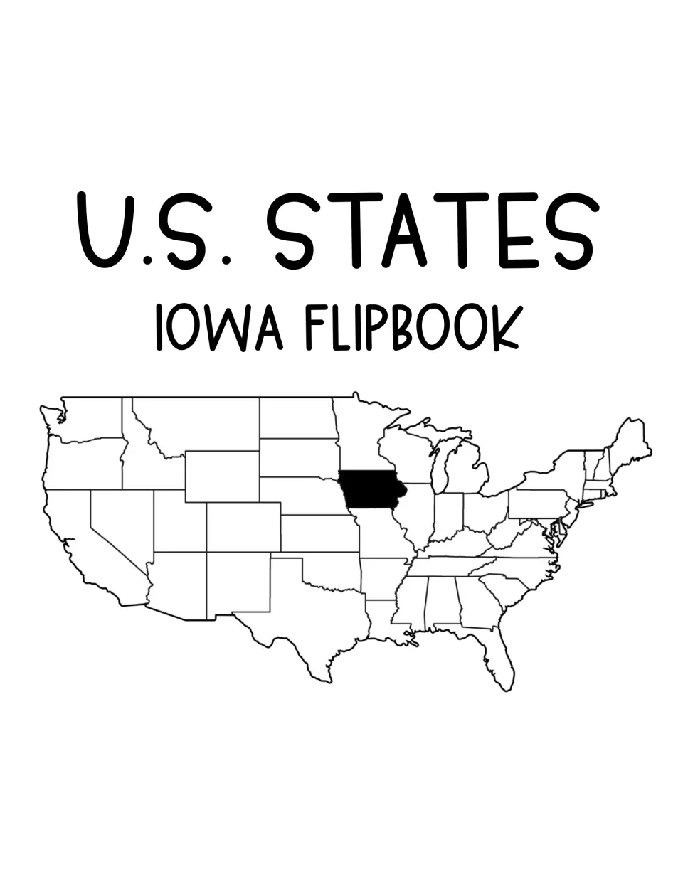 U.S. States Iowa Flipbook cover: a U.S. map outline with Iowa shaded black among the other states