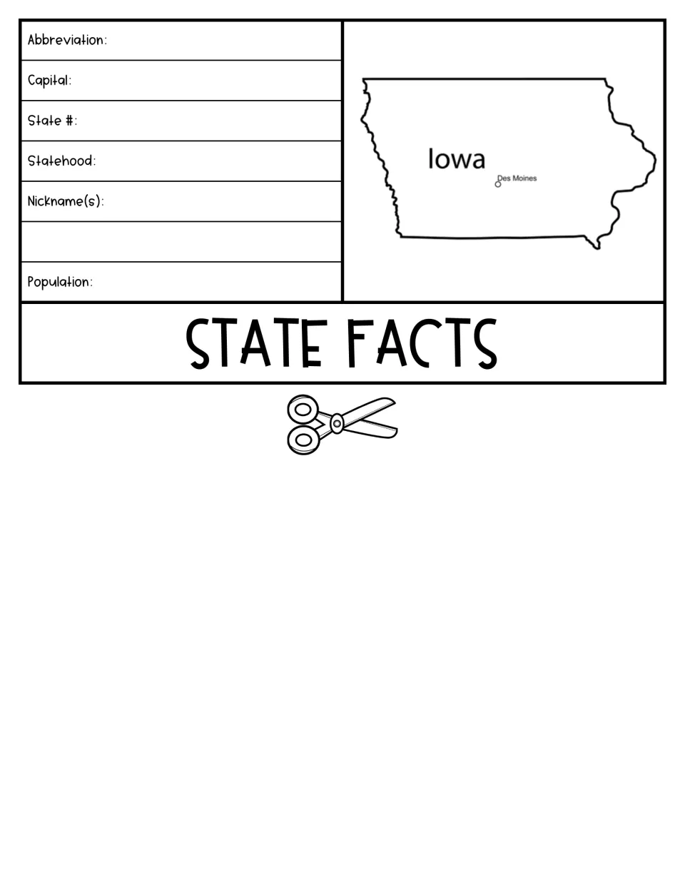 State facts flap: students record Iowa's abbreviation, capital, state number, statehood, nicknames and population