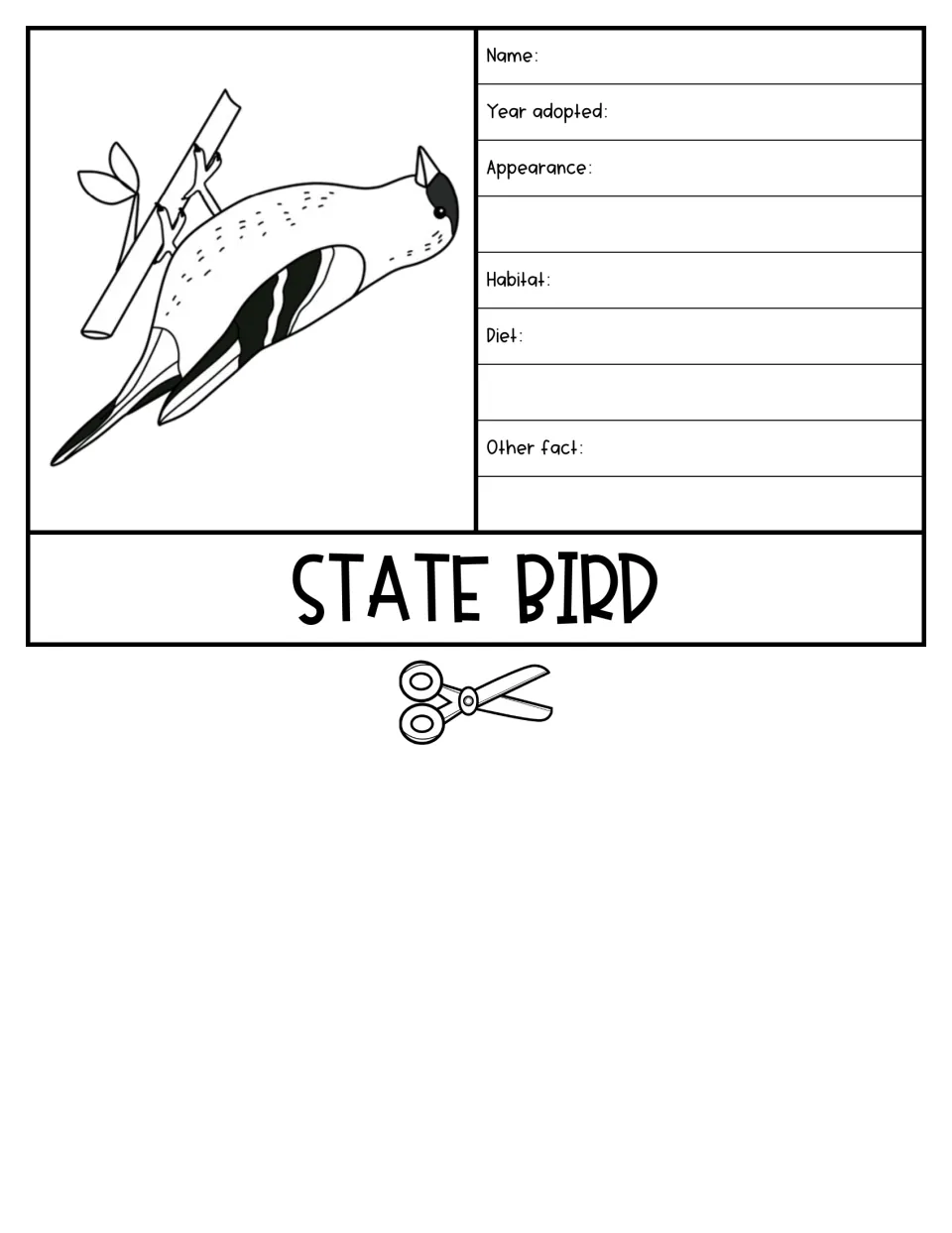 State bird flap: students write the bird's name, year adopted, appearance, habitat, diet and another fact beside a drawing