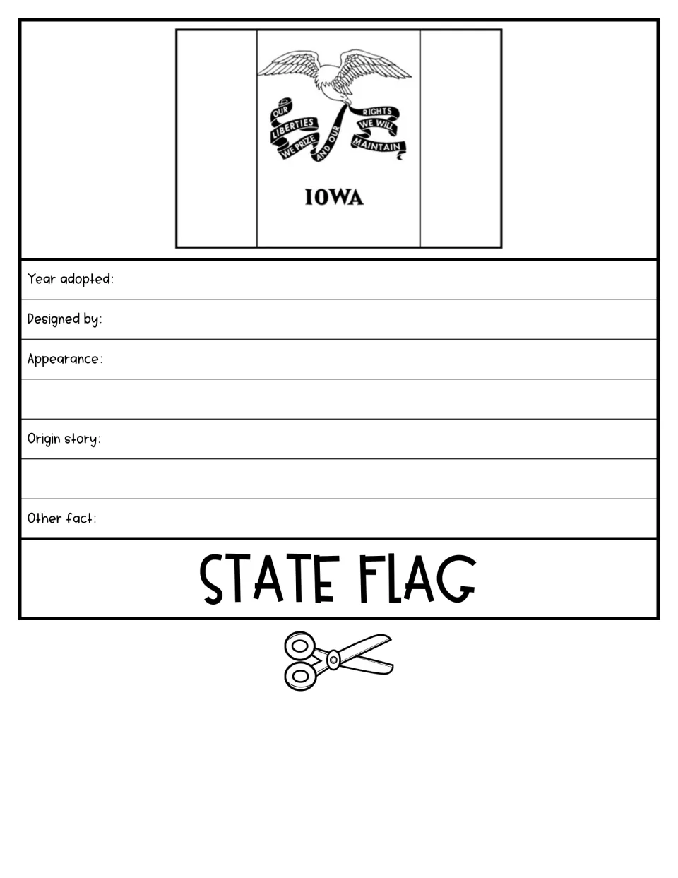 State flag flap: an outline of the Iowa flag with eagle and motto, plus prompts for year, designer and origin story