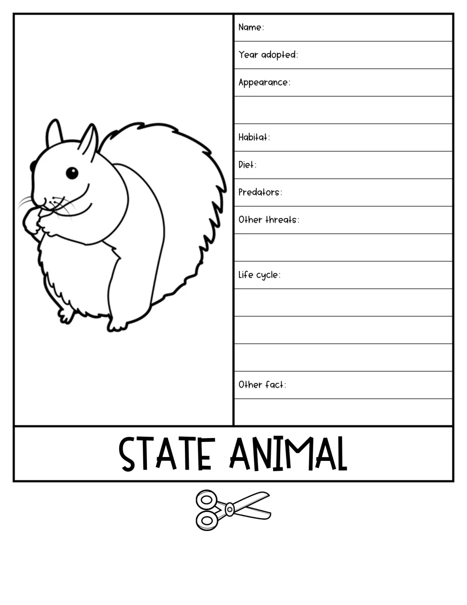 State animal flap: beside a squirrel drawing, students record name, appearance, habitat, diet, predators and life cycle