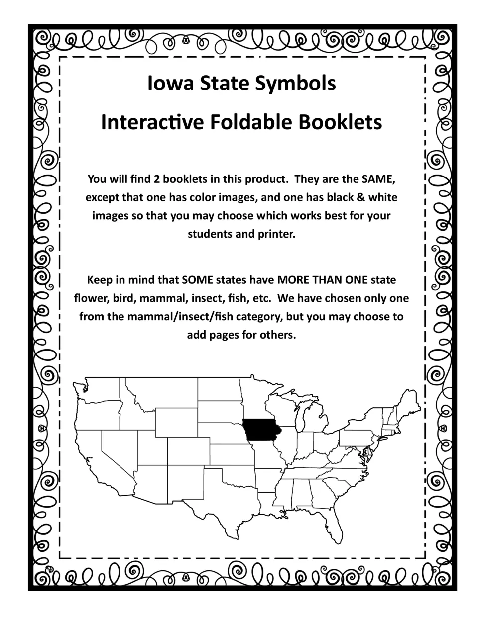 Teacher note explaining two identical booklets, one in color and one in black and white, beside a US map with Iowa shaded