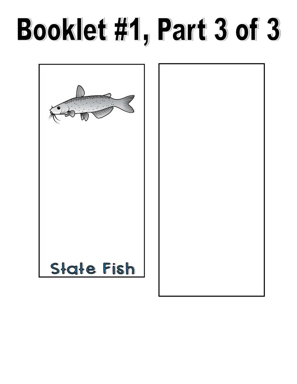 Booklet 1, part 3 in color: State Fish page showing a whiskered catfish plus a blank extra page for another symbol
