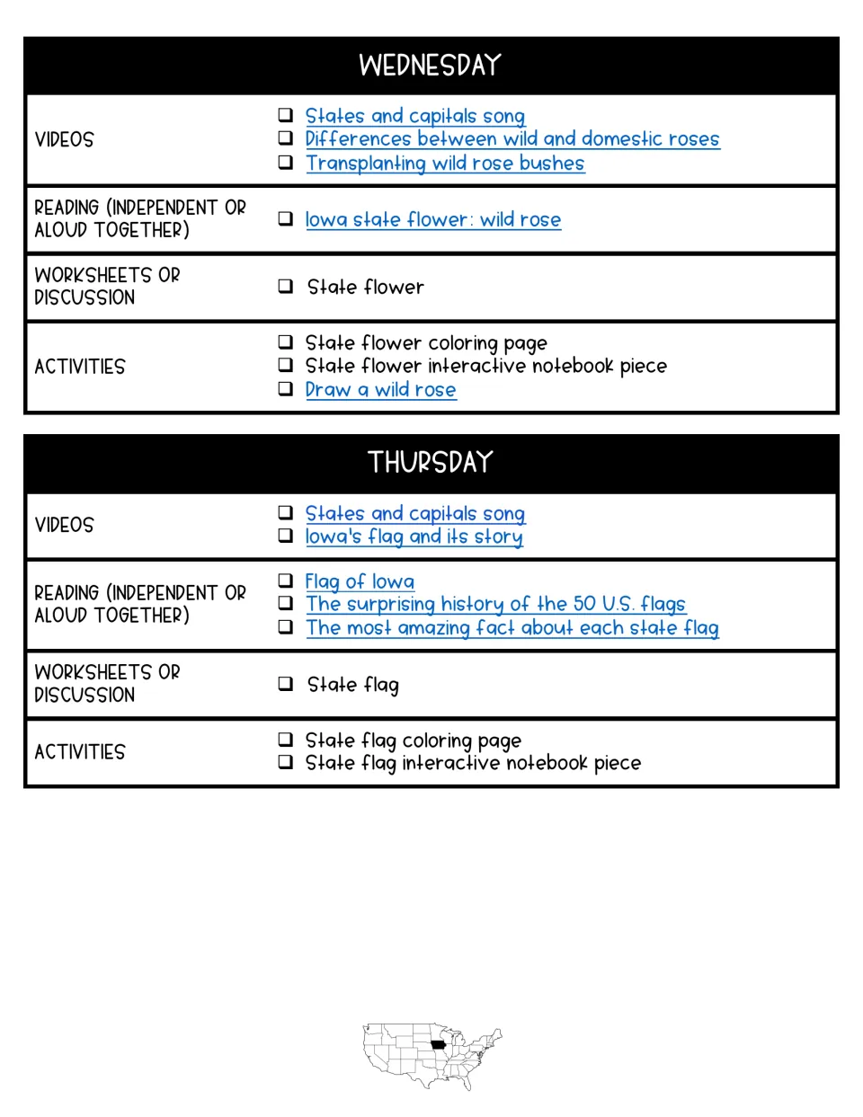 Wednesday and Thursday plans: videos, readings and coloring and notebook activities on the wild rose and the Iowa flag