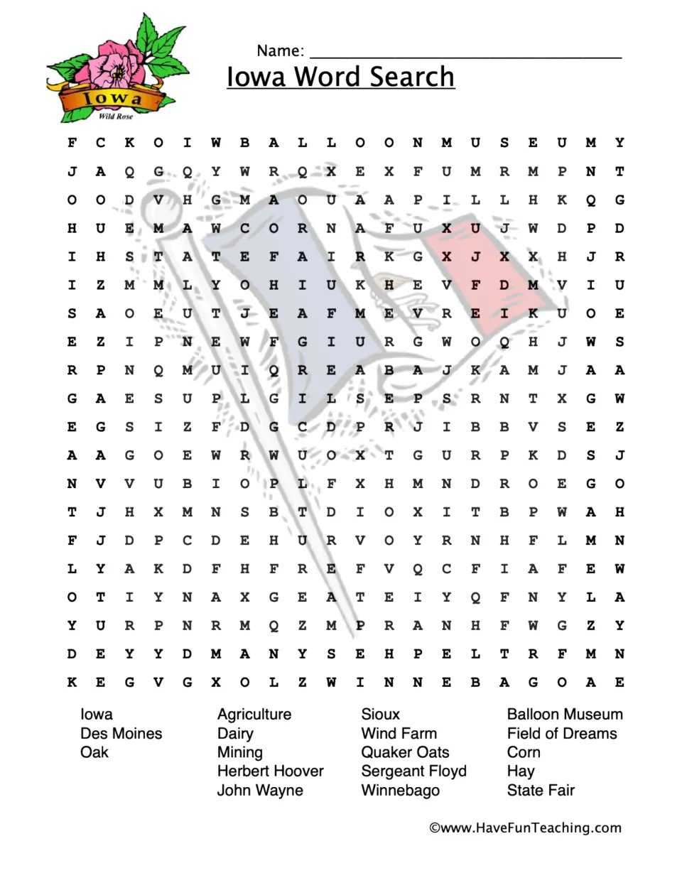 Iowa word search: students find 18 state terms such as Des Moines, Herbert Hoover, Sioux, Field of Dreams and Corn