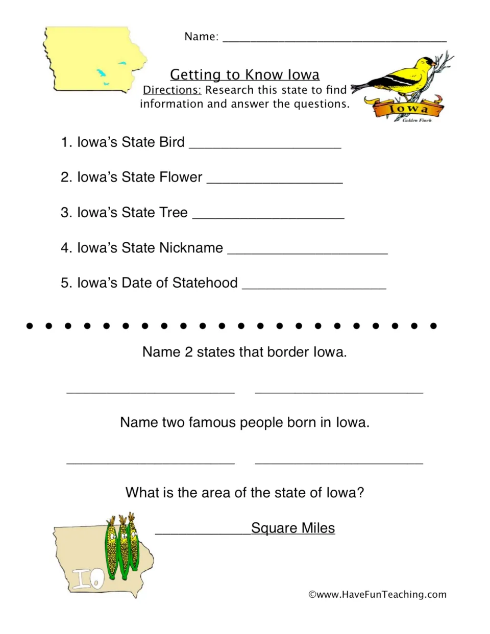Iowa research worksheet asking for state symbols, nickname, statehood date, bordering states, people, and area