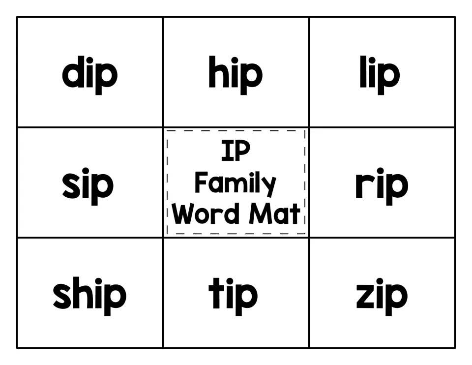 IP family word mat: students read dip, hip, lip, sip, rip, ship, tip and zip and match a picture card to each word